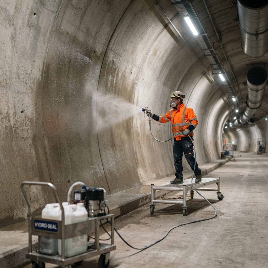 Worker spray-applying a protective hydrophobic coating to a concrete tunnel wall