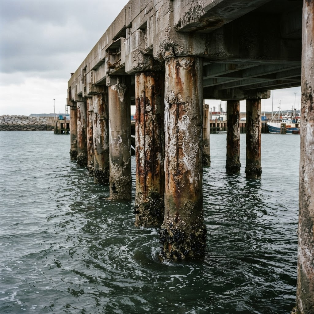 Weathered marine concrete wharf pilings at the waterline with salt exposure