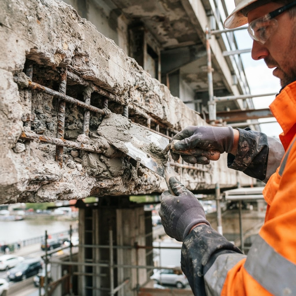 Technician applying repair mortar to a damaged reinforced-concrete beam with exposed rebar