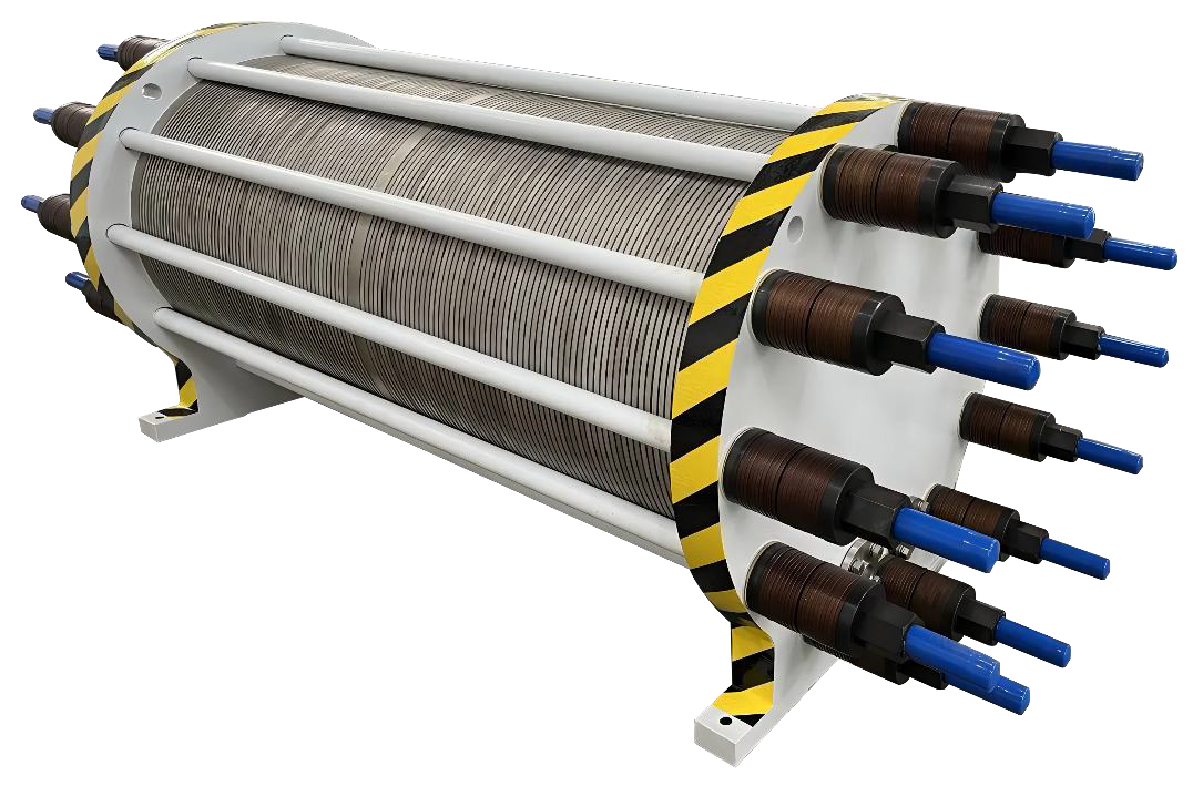 Large cylindrical PEM electrolyzer stack with terminal connections