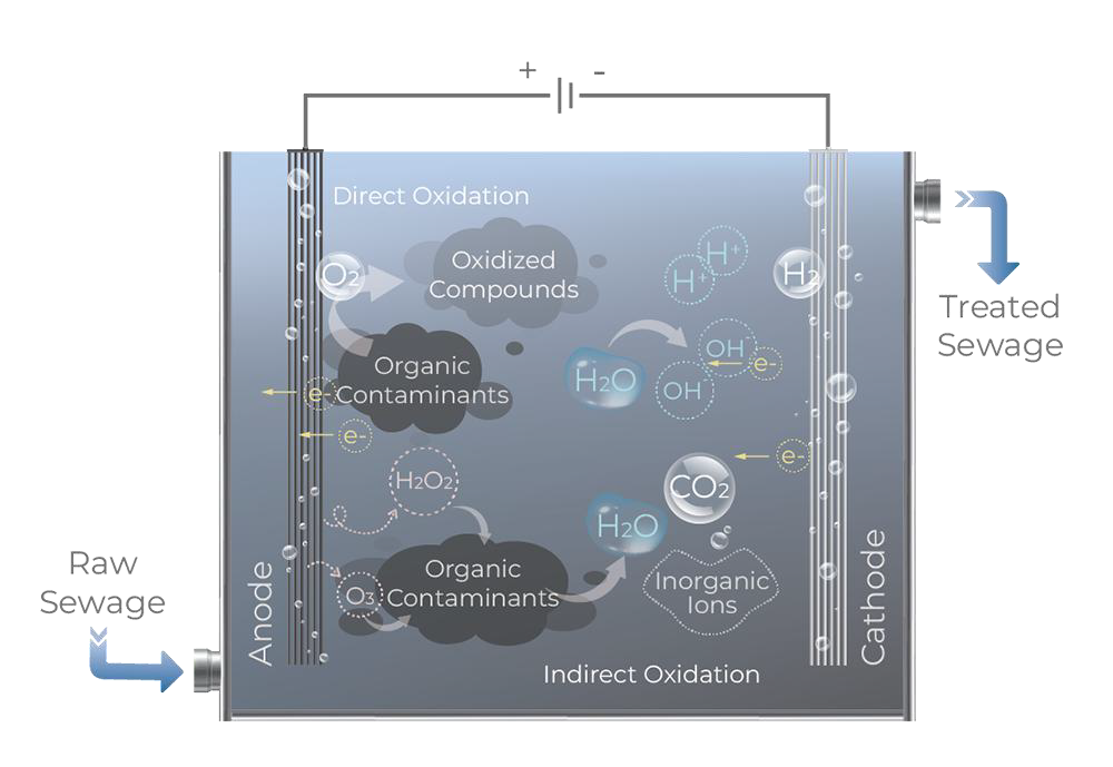 Sewage treatment electrolytic cell diagram showing direct and indirect oxidation of organic contaminants